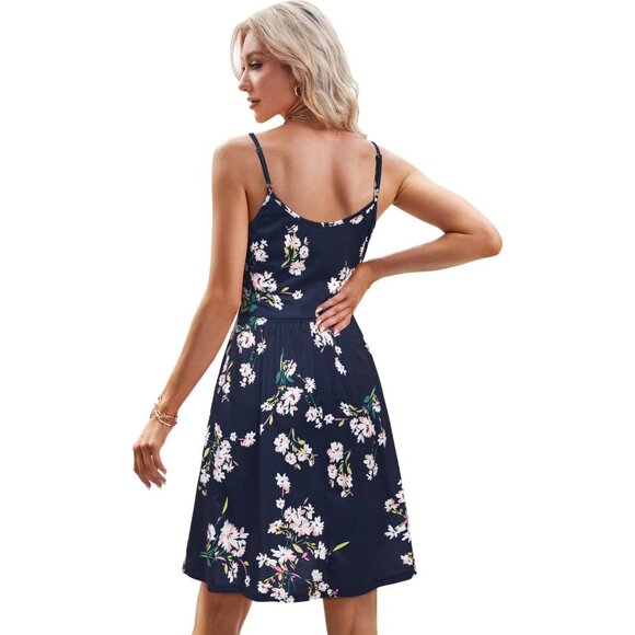 Womens Floral Solid Spaghetti Strap Summer Casual Swing Sundress with Pocket - Picture 4 of 5